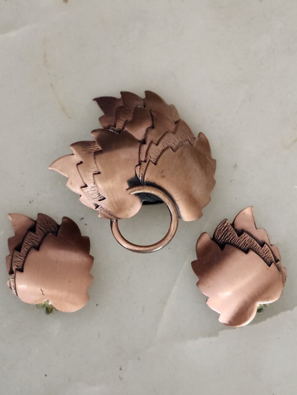 Copper Leaf Cluster Brooch and Clip-On Earrings Set
